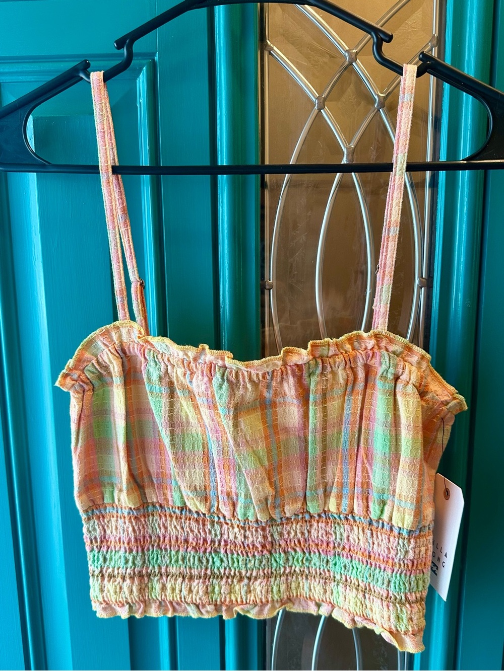 Billabong Set Me Up Plaid Smocked Crop Cami Top Pastel Pink Green Yellow NWT Med